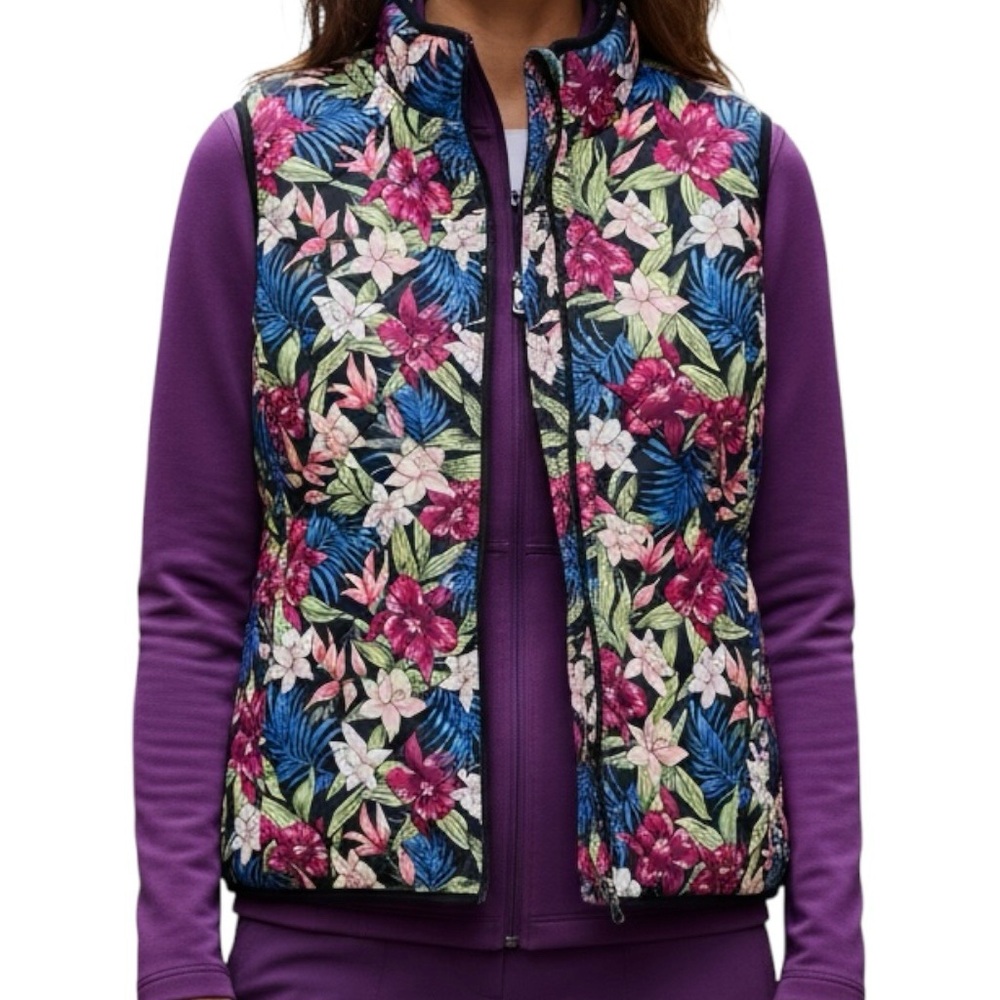 Stella Parker Vest Multicolor Tropical Floral Quilt Jacket Full Zip Pockets XLP